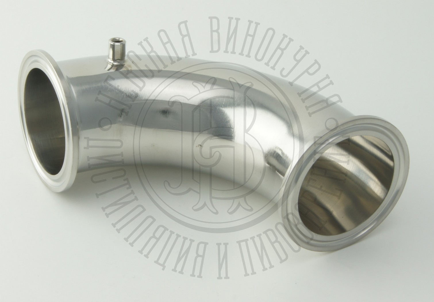 Труба УГОЛ 90 град. под кламп-соединение 2 дюйма D-64 с гильзой под термометр, нержавейка